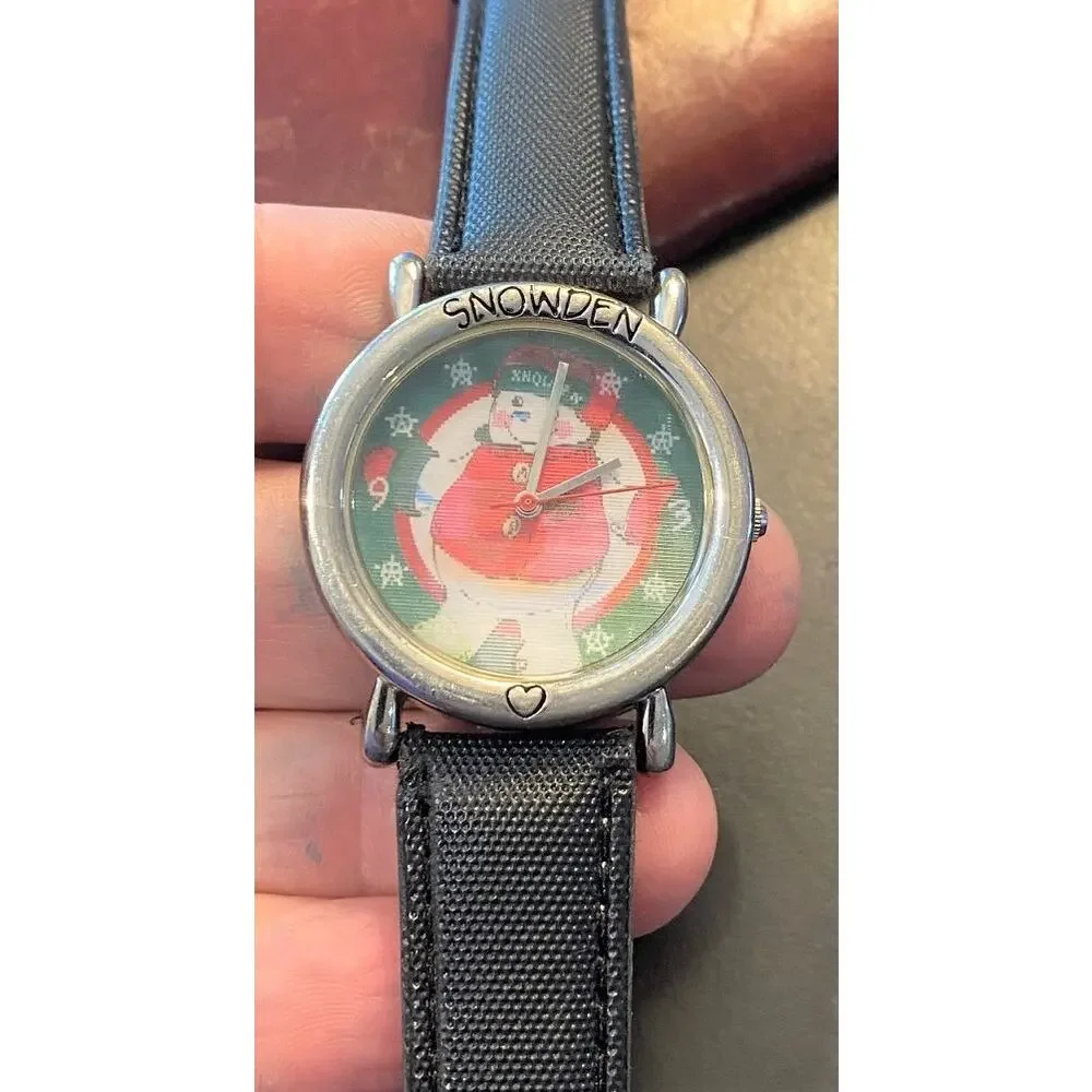 Silver Tone Snowden Watch, Changing Face Snowman Scene, Black Band